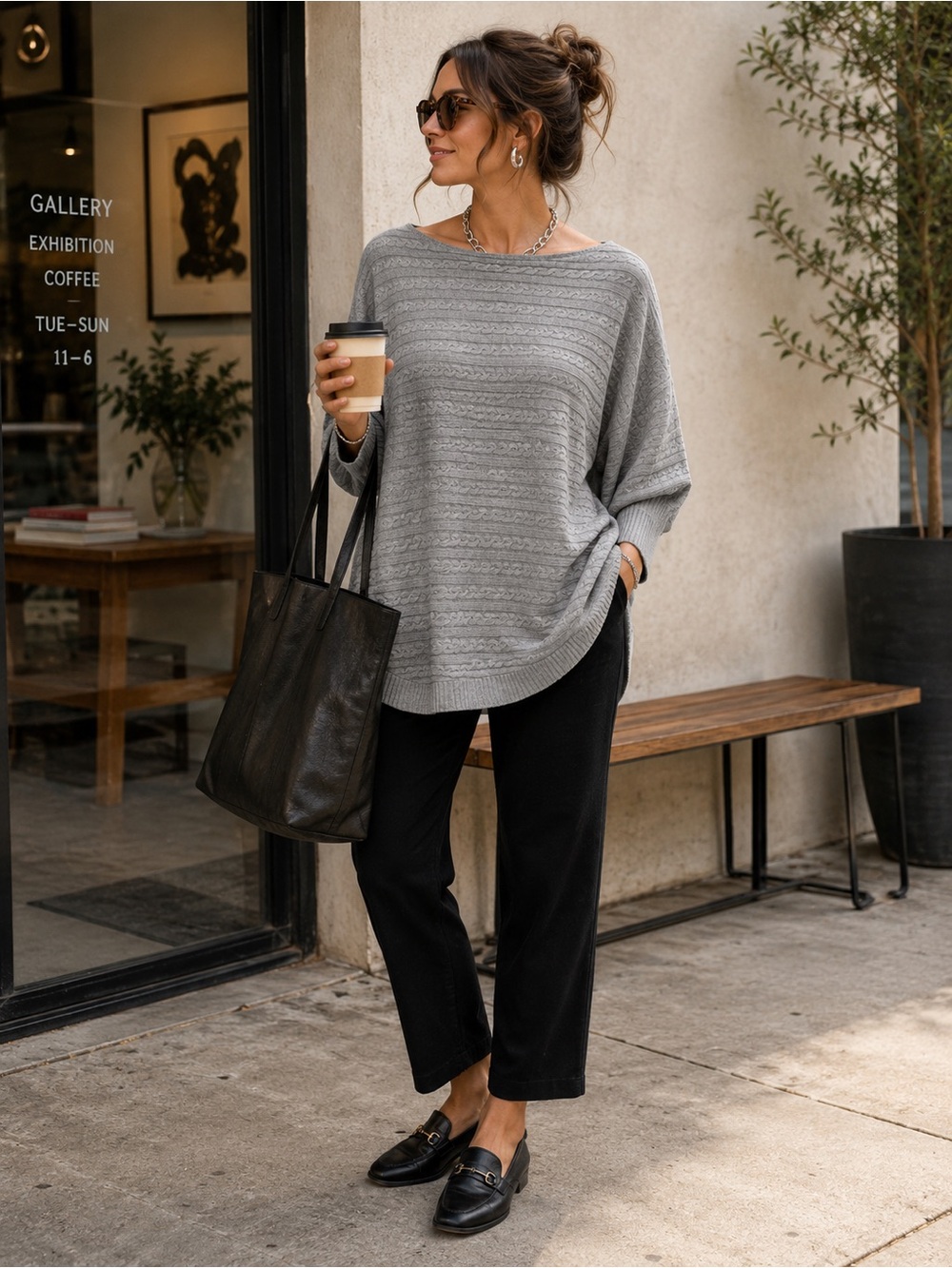 Market & Spruce Cable Knit Sweater Small Cashmere Silk Blend Oversized Gray